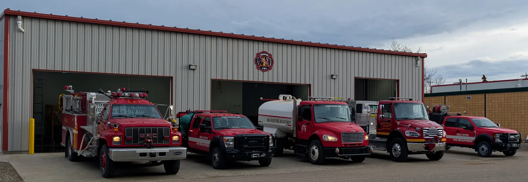 The Milk River Fire Department fleet lined up outside the hall